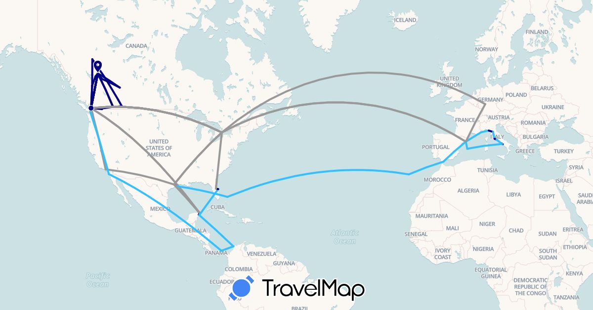 TravelMap itinerary: driving, plane, boat in Bahamas, Canada, Colombia, Germany, Spain, France, Gibraltar, Italy, Mexico, Panama, Portugal, United States, Vatican City (Europe, North America, South America)